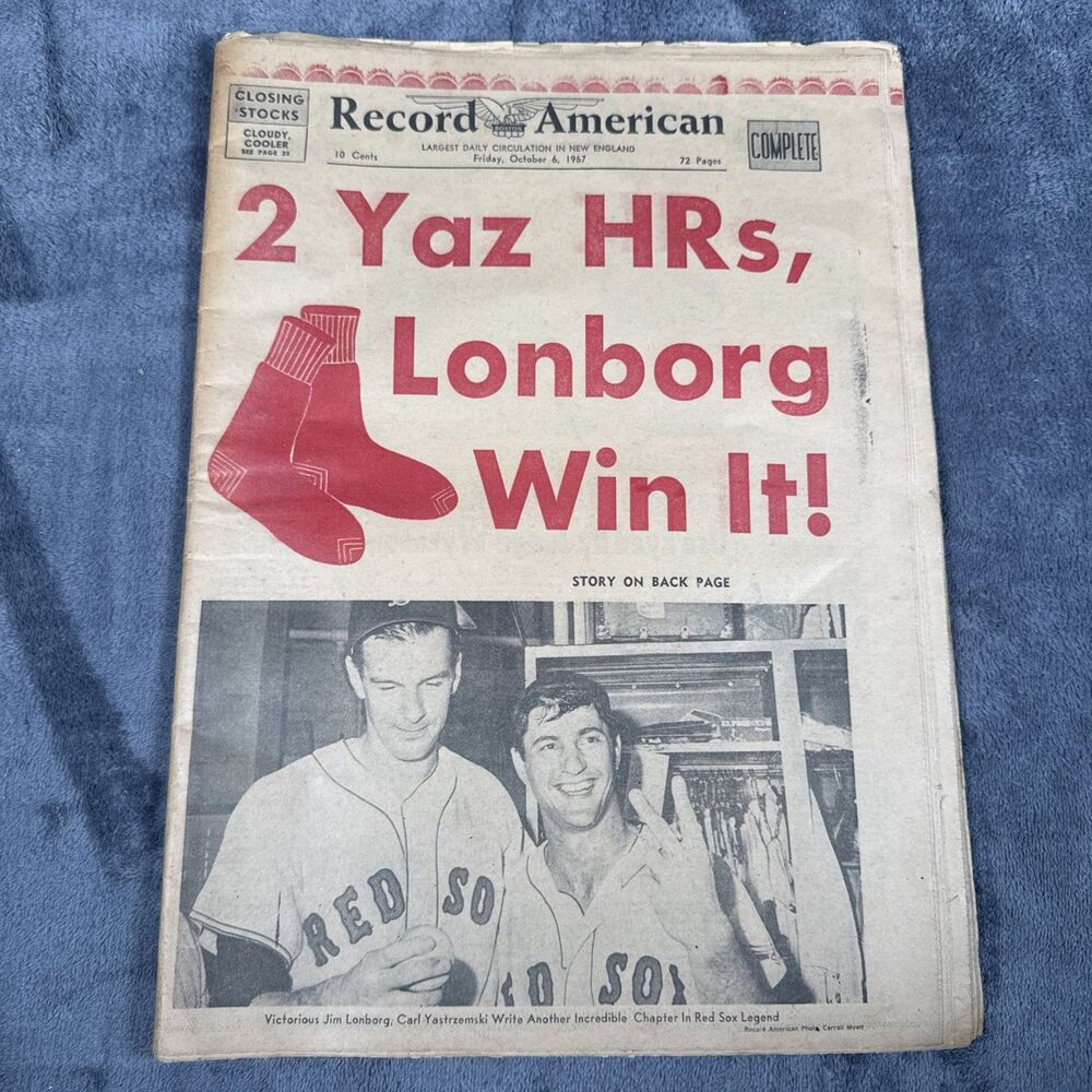 BOSTON AMERICAN October 6, 1967 Newspaper JIM LONBORG Win CARL YASTRZEMSKI 2 HRs
